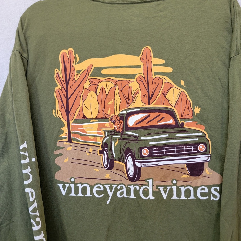 Vineyard Vines Long Sleeve T-Shirt Mens 4XT Green Fall Autumn Truck Dog Graphic